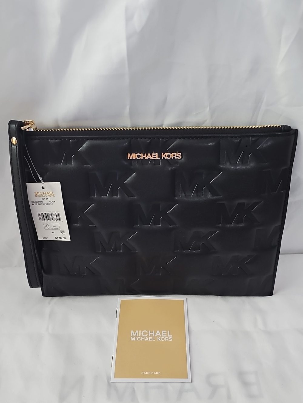 Michael Kors Black Embossed MK Leather Toiletry Pouch with Gold Hardware